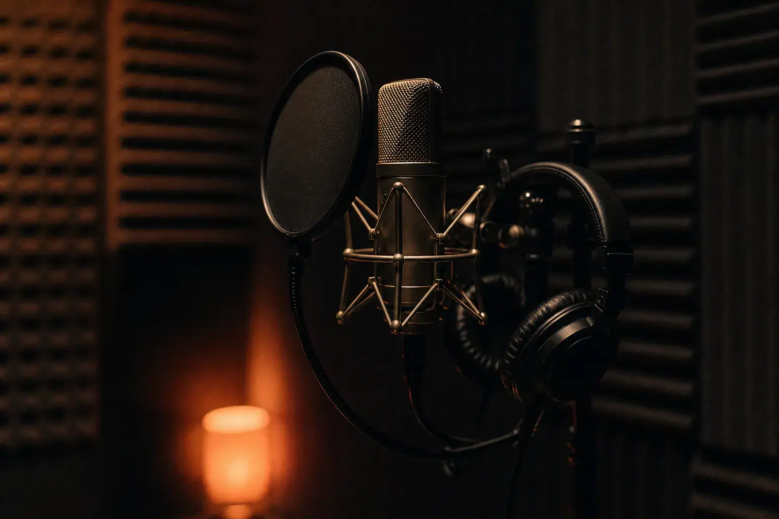 A condenser microphone and headphones in a darkened vocal booth