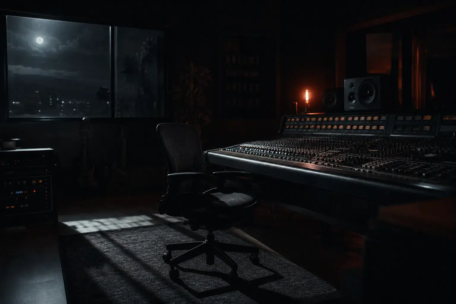 An empty studio chair in front of a darkened mixing console late at night