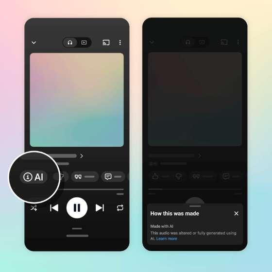 Two phone screens from YouTube Music: a small AI badge on the player, and the sheet that opens when you tap it
